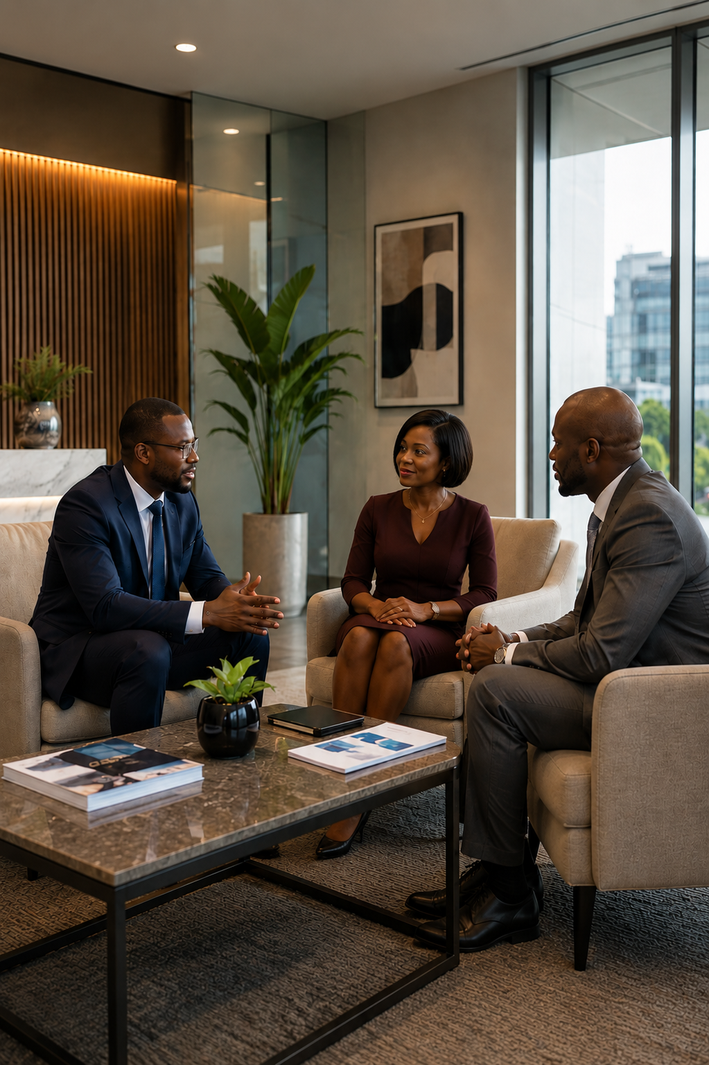 RDK advisors consulting with a client in a modern corporate lounge