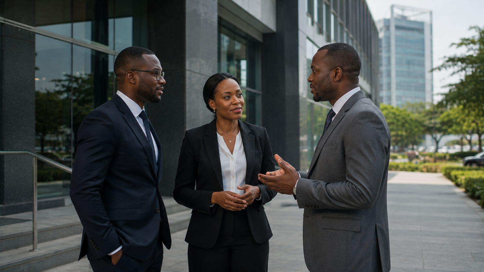 RDK tax advisors discussing client strategy outside a modern commercial building