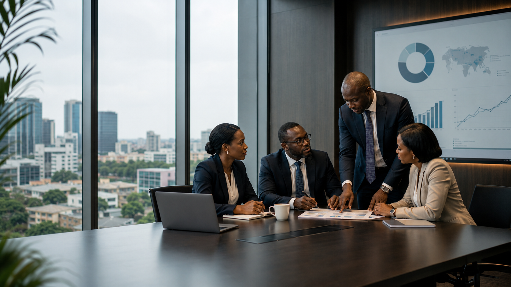 RDK audit team reviewing financial documents in a boardroom with data analytics on screen